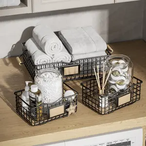 Farmhouse Style Wire Storage Baskets Set - Chic Cork & Wood Design - Bathroom & Countertop Organizer - Decorative Metal Bins for Shelf & Toilet Paper - Space-Saving  - Portable Handles - Black Finish - Rustic Décor Accent - Pack of 3