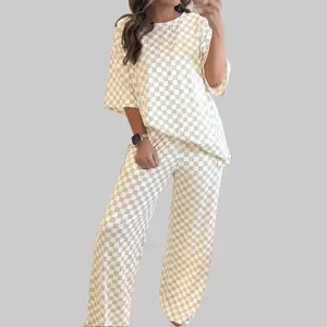 Khaki Checkered Print Half Sleeve Tee & Matching 2pcs Lounge Pant Set for Casual Wear Loungewear Pajama Nightwear Womenswear