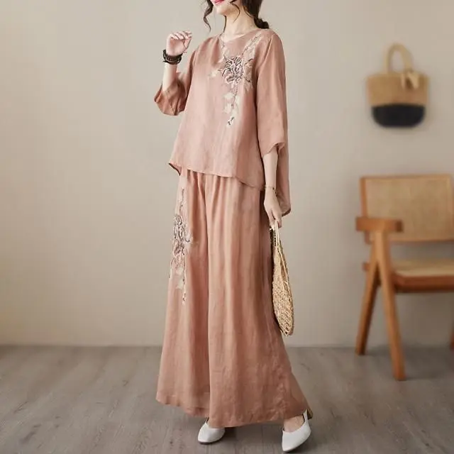 NEWNew2025 Cotton and Linen Vintage Embroidery  Women's Summer Fashion Shirt Light Wide Leg Pants Slim Mother Two Pieces  embrace kapok suit(Gift)11