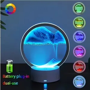 3D Moving Sand Art Desk Lamp - RGB Color Changing Sandscape Liquid Motion Display Night Light, Battery & Plug-in Dual-Use, Cool Whimsical Trippy Room Decor, Sensory Desk Accessory, Creative Birthday Gift Fengshui Ornament