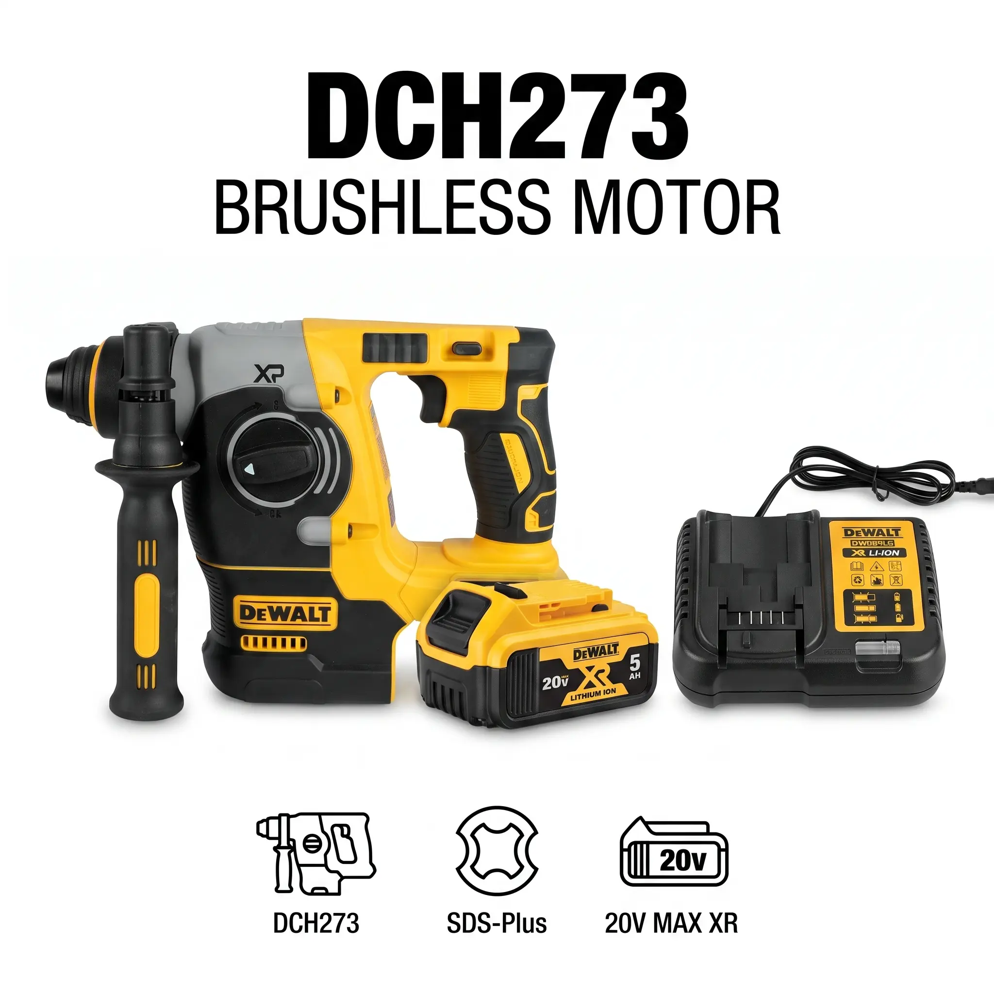 DEWALT DCH273 SDS-Plus Rotary Hammer Drill, 18V XR/20V MAX Brushless Cordless, 2.1J Impact Energy, 1100 RPM, 4600 BPM, 24mm Concrete Capacity, for Construction, Masonry, Anchors & Demolition