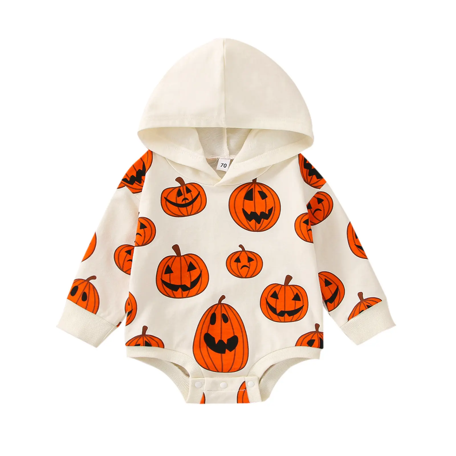 Baby Halloween Romper | Pumpkin Print + Hooded + Long Sleeve