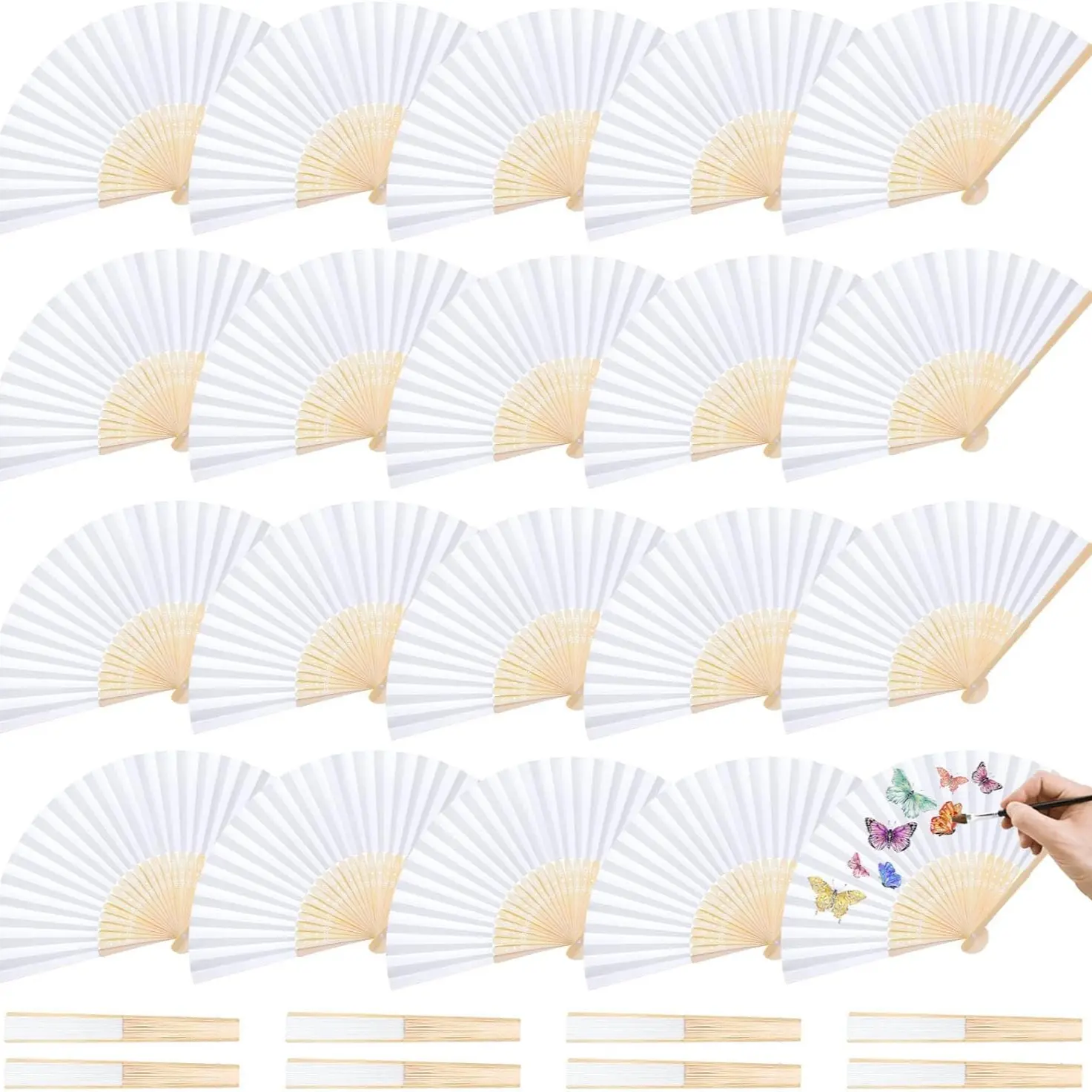 50pcs Pack Paper Hand Fan Bamboo Folding, Handheld Paper Folded Wedding Hand Fans for Wedding Party, Home Decoration, Elegant Decorative Event Accessories
