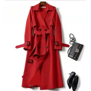 Women's Comfy Fitted Solid Color Notch Lapel Double Breasted Detachable Belt Mid-Length Trench Coat - Fall & Winter Long Sleeve Tops Clothes, Wrap Tie Waist Outerwear Jacket