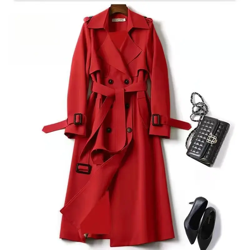 Lady's Slim Fitted Notch Lapel Double-Breasted Trench Coat - Long Sleeves, Solid Color, Detachable Belt, Mid-Length Comfy Fabric, Machine Washable, Casual Fall Winter Outdoor Womens Outerwear, Jackets, Outdoors