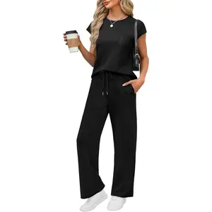 WIHOLL 2 Piece Sets for Women Casual Summer Travel Vacation Outfits Cap Sleeve Lounge Set