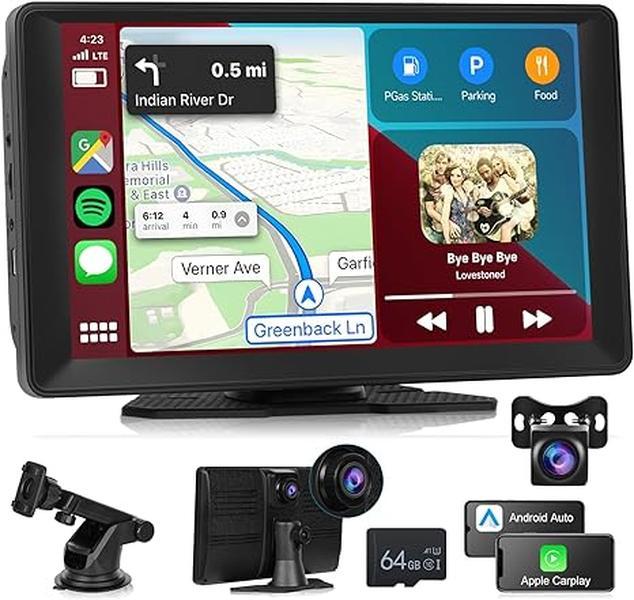 Podofo Portable Wireless Apple Carplay Screen with HD Front & Rear Backup Camera 9" Wireless Android Auto HD Touch Screen ADAS GPS Siri Airplay Android MirrorLink 64G TF Card,Car Play Screen for Car