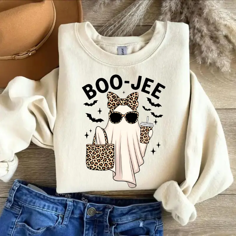 Boo-Jee Ghost Sweatshirt, Leopard Ghost Graphic Crewneck, Funny Halloween Pullover, Cute Ghost Coffee Sweater, Girly Spooky Season Gift