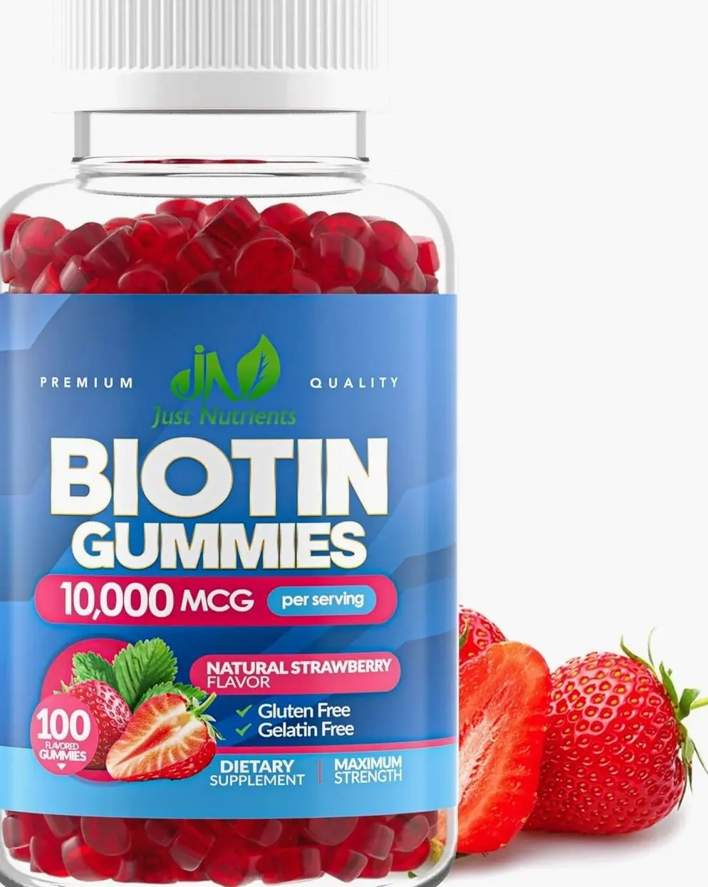 Biotin 10,000mcg Gummies for Hair Growth, Skin & Nails - 2x Maximum Strength Biotin Vitamins for Women & Men - Gluten-Free, Vegan, Non-GMO, Great Tasting Strawberry Flavor - 100 Gummies