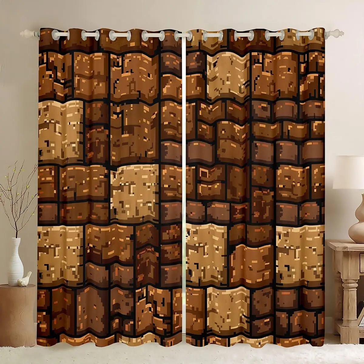 Brown Stone Wall Window Curtain,Pixel Style Blackout Window Treatment Adult Splicing Grid Block Bedroom Curtains Video Games Living Room Decor Top Panels