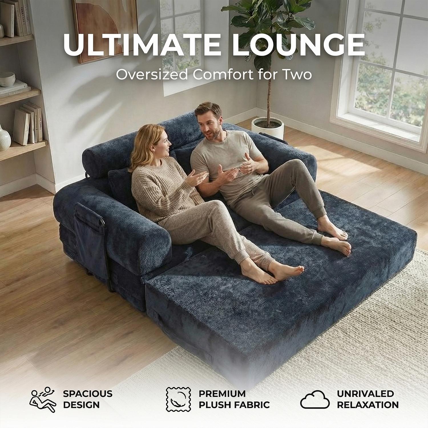 Large size double boneless convertible folding sofa bed with fixed shape frame and storage bag. Headrest design with pillow for dual comfort