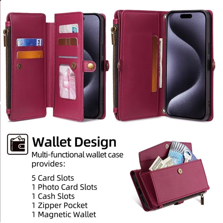 Wallet Case for iPhone 13 14 15 16 17 PROMAX,RFID Blocking Card Holder Flip Folio PU Leather Kickstand Shockproof Protective Phone Case with Hand Crossbody Strap for iPhone,White,balck,red,pink