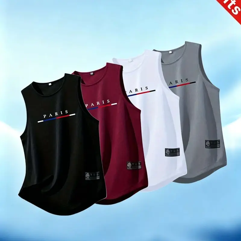 4-Pack Men's Sportswear Tank Tops, Sport Activewear, Activewear for Fitness, Quick-Dry Breathable, Letter Print Sleeveless Shirts, Ideal for Running, Tennis, Golf, Hiking, Home Wear, Sports Vests, Sleeveless Gym Tops, Workout Tank
