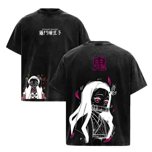 Vintage Anime Graphic Tee -  Acid Wash Oversized T-Shirt for Men & Women, Japanese Manga Streetwear, Kamado Nezuko Demon Slayer Merch, Retro Cotton Top for Otaku Fashion, Casual Harajuku Summer Clothing, Y2K Aesthetic Trendy Manga Graphic T-Shirts