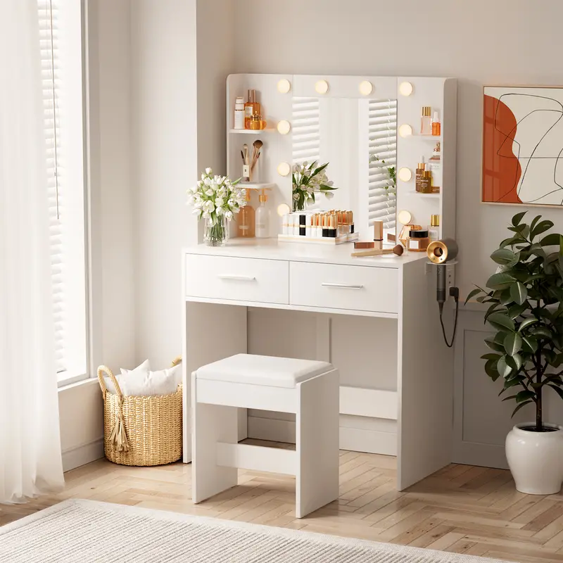 FURMAX Makeup Vanity Set with Lighted Mirror, Makeup Vanity with 2 Drawers, Vanity Desk with Chair for Bedroom & Dressing Room