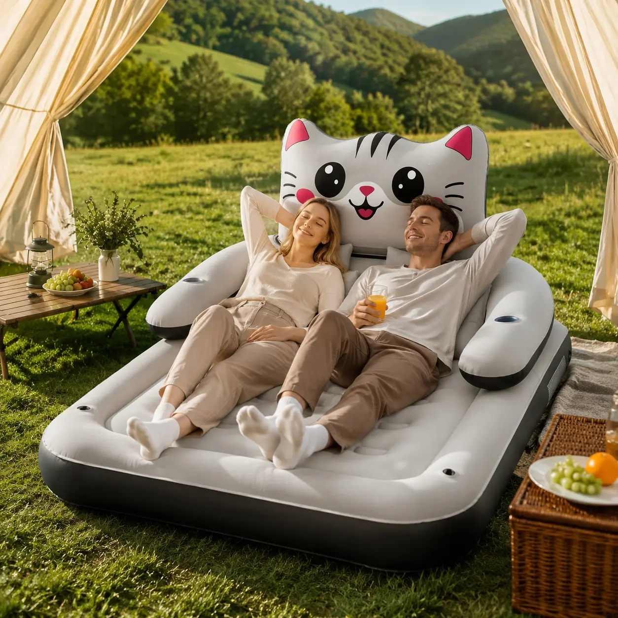 Inflatable Lounger Bed with Cat Design Backrest, Without Pump, Comfortable Air Mattress Sofa for Camping, Bedroom, Living Room, Travel and Outdoor Relaxation