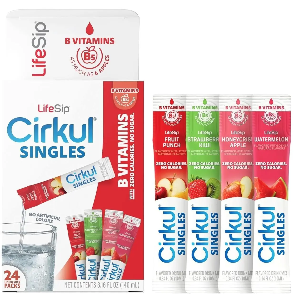 Cirkul LifeSip® Sugar Free Water Flavoring Clear Liquid Packets (24 Pack) - Fruit Punch, Strawberry Kiwi, Apple, Watermelon. No Sugar, Zero Calorie Drink Mix with B Vitamins, No Artificial Colors