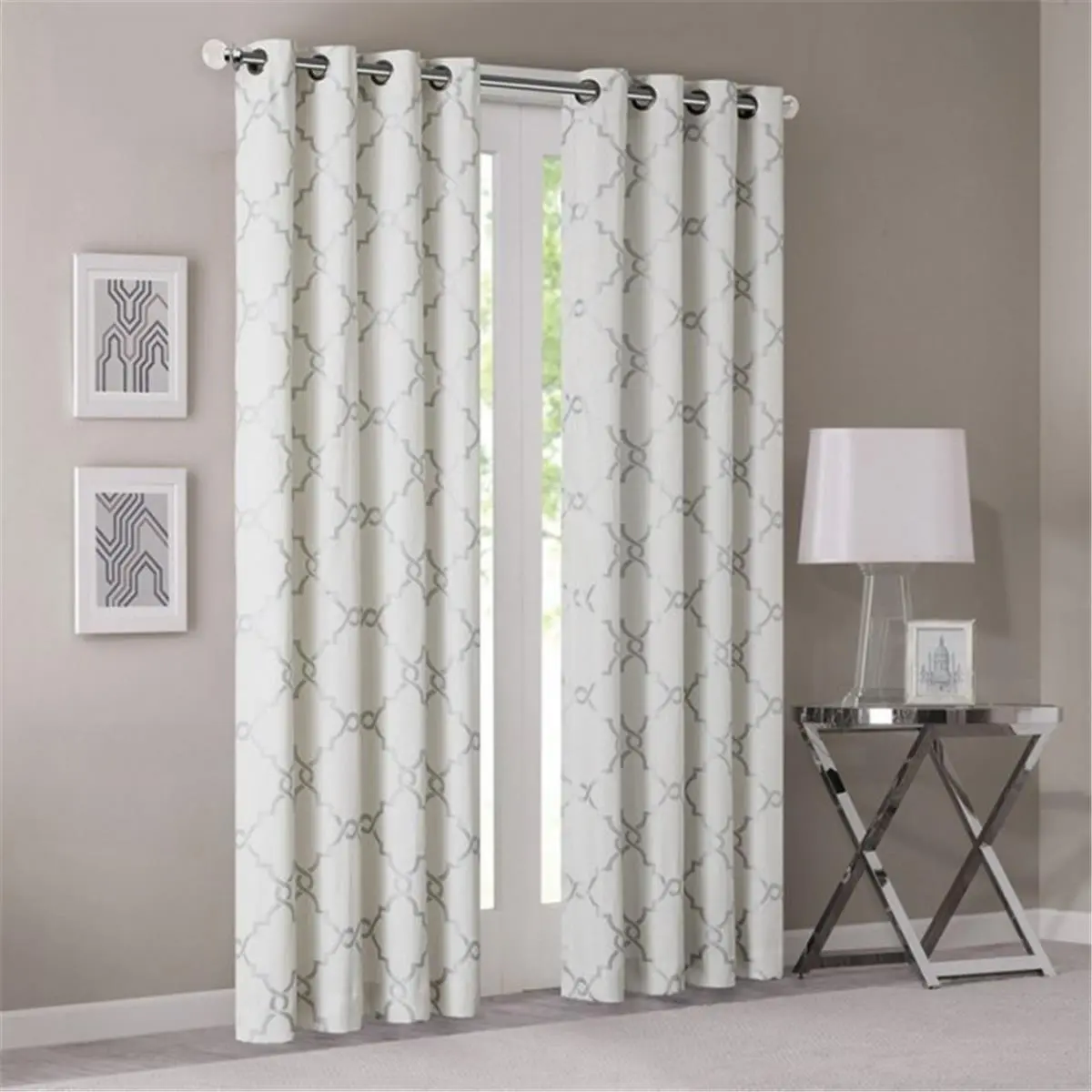 212 MAIN Saratoga Grommet Curtains - Ivory, 95-in Width, Fretwork & Basket Weave Print, Simple Style Household Textile Bedroom Window Treatment