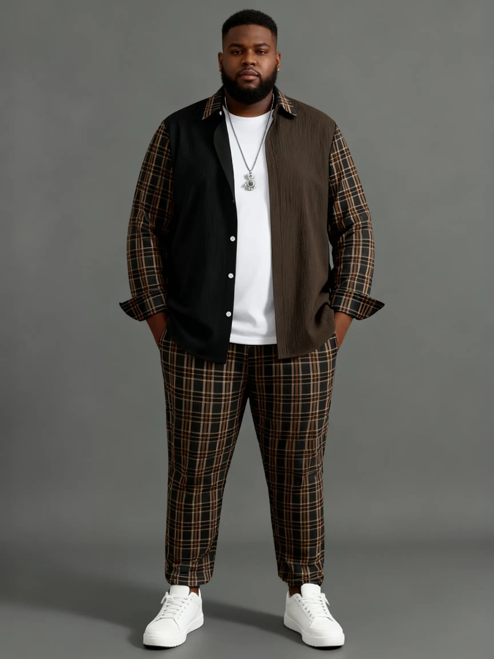 Men's Clothing Set - Plus Size 2 Piece Retro Brown Suit, Casual Menswear with a Long Sleeve Top & Plaid Trousers, Formal Wear, Casual Fashion Set, Men's Outfit Sets