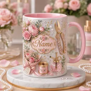 Personalized Florist Mug 2D Printed 3D Effect, Custom Name Pink Ceramic Coffee Cup with Flowers Pruning Shears Design, Gift for Florist Women