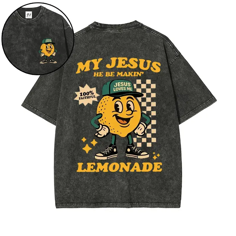 My Jesus He Be Makin' Lemonade Tee | Vintage Washed Cartoon Christian Tee,Retro Checkerboard Christian Streetwear