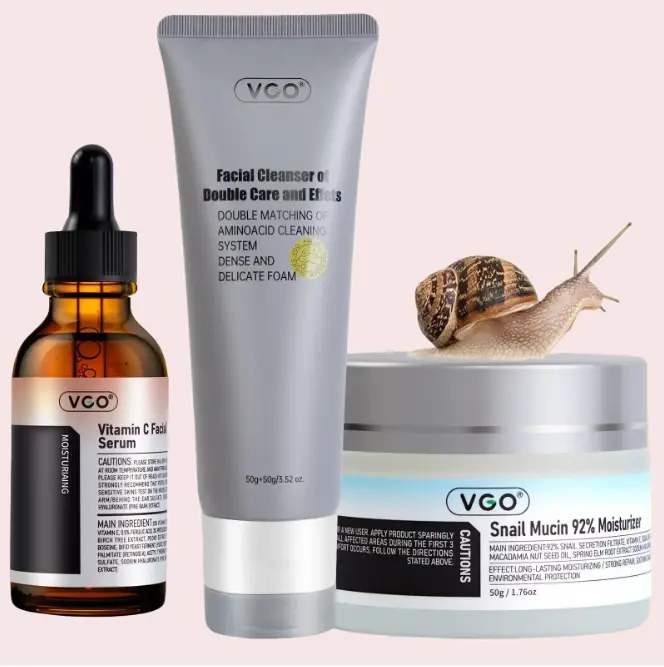 VGO Vitamin C Skincare Set (Serum, Moisturizer, Cleanser) - For Sensitive Skin: Cleanses, Hydrates & Revitalizes.
