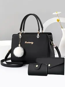 Elegant Women's Handbag Set, Simple Fashion Crossbody Bag, Ball Pendant Shoulder Bag, Includes Wallet and Card Holder
