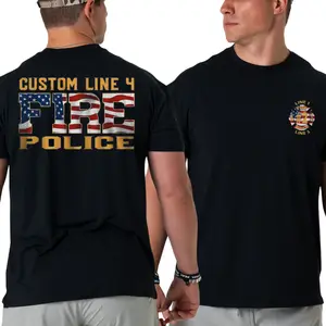 Fire Police Custom T shirt, American Flag FIRE Back Graphic with Custom Text Option, Fire Dept Badge Front 2 Sides First Responder Support Design for Men & Women, Streetwear, Vacation Outfits, 4th July Outfit