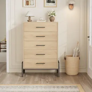 Tall 5 Drawer Freestanding Entryway Cabinet, Natural Oak Finish, Modern Multi-Drawer Chest – Space-Saving Organizer for Bedroom, Living Room or Office