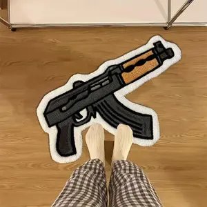 Cool Cartoon Gun Shape Plush Rug, Cartoon Design, American Street Style Esports Aesthetics Gaming Room Bedroom Decor, Soft Comfortable Foot Mat for Boys' Rooms
