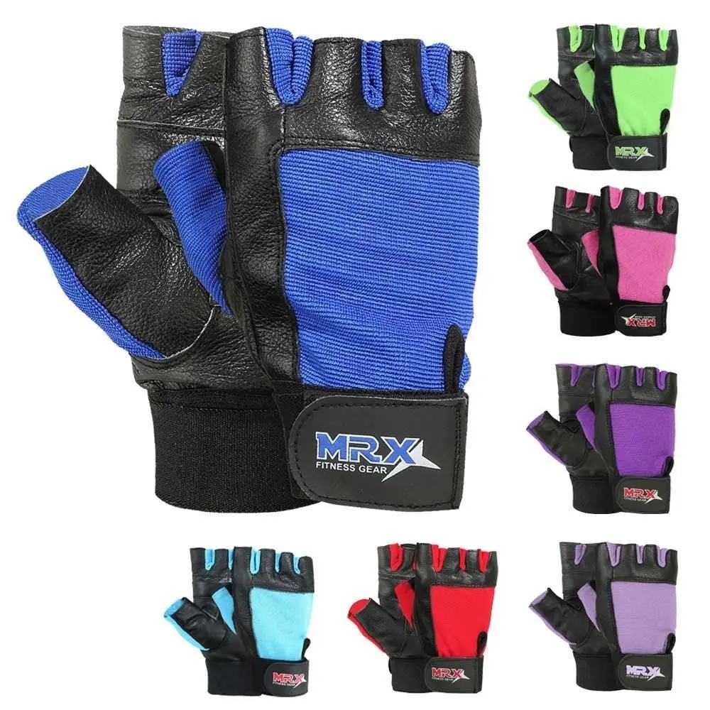MRX Unisex Genuine Leather Fingerless Weightlifting Gloves - Nonslip, Bold Colors, Long Wrist Straps, Multi-Size, Heavy Duty Protection, Long-Lasting, Hook & Loop, Made by Pros, for Gym Training, Boxing, Family Members, Long Straps