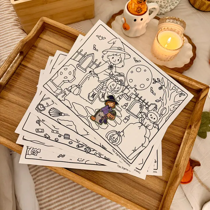 Spooky Season Coloring Pages, 5 Printed Halloween Coloring Sheets with Bonus Sticker, Thick Marker-Friendly Paper, Cute Hand-Drawn Fall & Halloween Pages for Adults & Teens