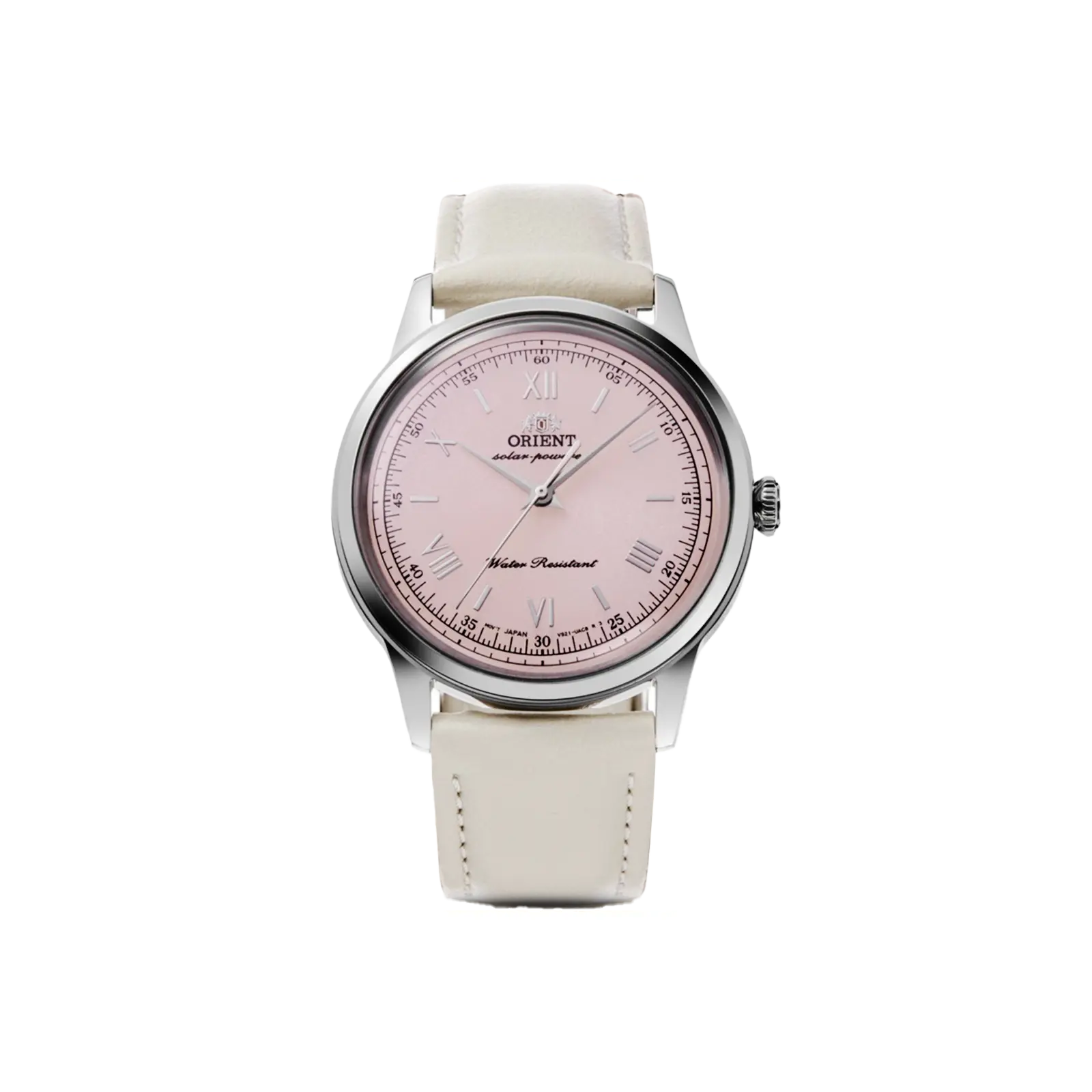 Orient Bambino Classic Stylish Watch, Unisex 38.4mm Stainless Steel Case with Pink Dial and Domed Lens, Long Power Solar Quartz Analog Movement, Plant-Based Leather Strap with Buckle, Fashionable Stylish Watch