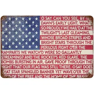 American Flag & National Anthem Metal Sign, Rustic Design, Wall Decor, Yard Sign, Home Man Cave Office Garage Bar Pro-American Gift