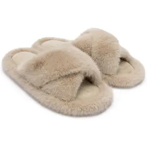 Chantomoo Cross Band Slippers for Women Memory Foam Fuzzy Faux Fur Lined Cozy House Shoes Gift