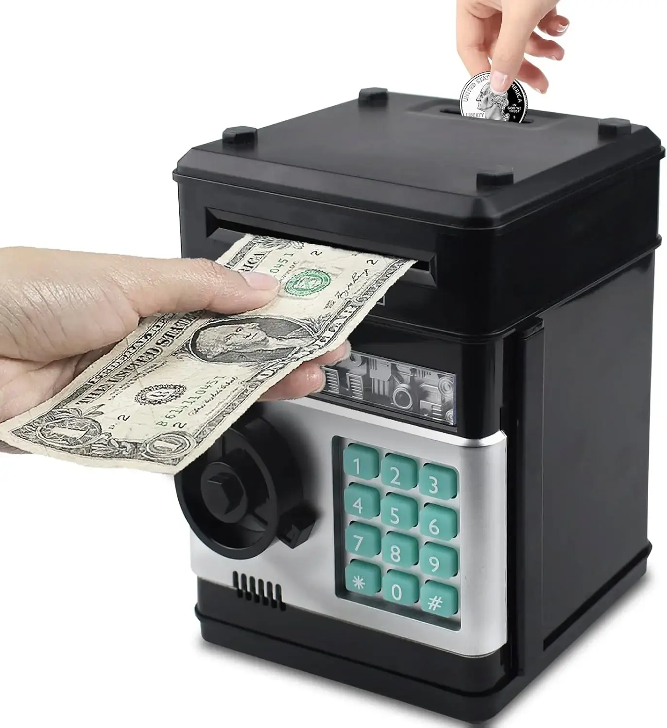 Mini Electronic ATM Savings Bank, Auto Rolling Cash & Coin Piggy Bank, Password Protected Money Saving Box, Creative Coin Bank Toy, Perfect Birthday Gift for Boys, Girls, Kids Home Money Storage Decoration