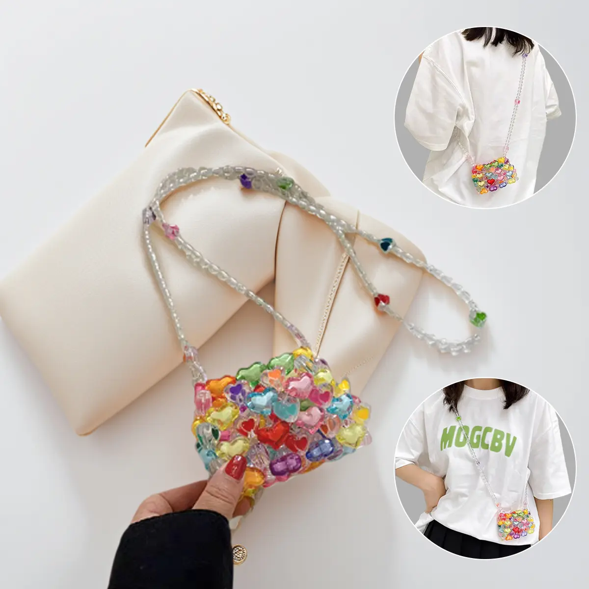 Heart-Shaped Embellished Shoulder Bag for Women, Mini Acrylic Beaded Casual Crossbody Purse for Festivals with Rainbow Love Pattern, Crossbody Shoulder Handbag, Fashion Bags, Beaded Strap, Rainbow Heart, Graphic, Open, Sweet, Rainbow Hearts