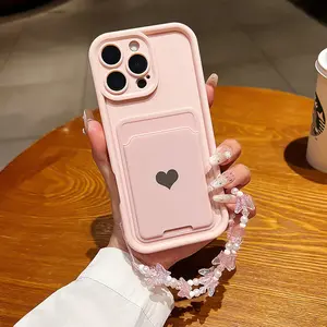 3 Piece Set Anti-Drop Tpu Phone Case Cover for iPhone 11-16 Pro Max, Heart Pattern, Self-Adhesive Card Holder Design