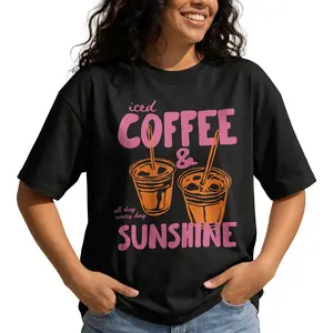 Iced Coffee And Sunshine Shirt Women Retro Graphic Tee Cute Summer Top