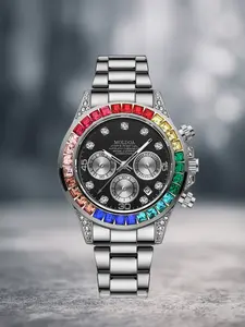 A men's 2025 popular silver black full diamond three eye multifunctional large rhinestone business versatile fashionable and handsome Quartz Analog Watch