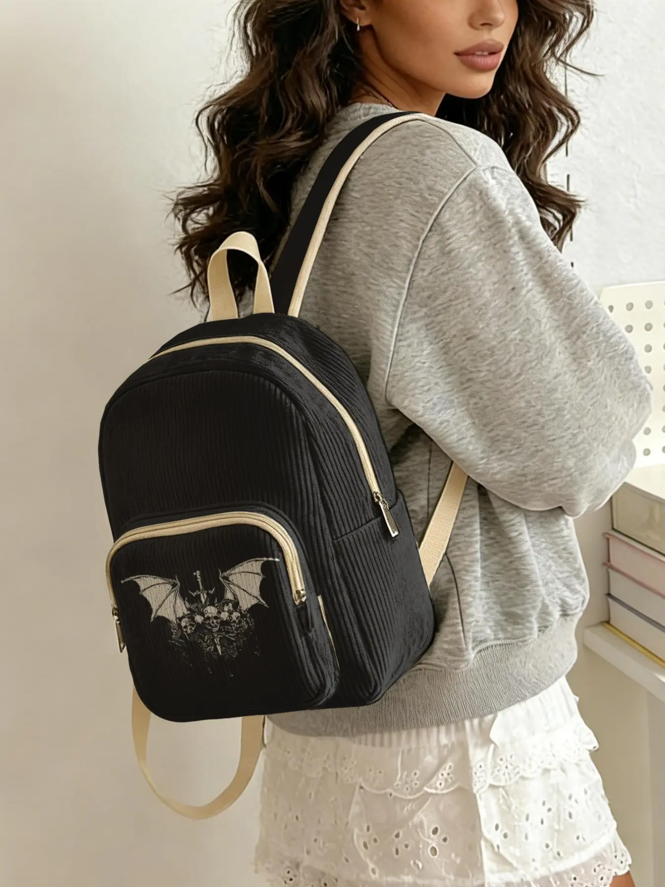 bat skull pattern 2D printed ladies' backpack, Lightweight Casual Daypack, corduroy texture + layered storage, perfect for class/shopping/short trips