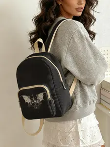 1 piece of bat skull pattern 2D printed ladies' backpack, Casual Lightweight Backpack, corduroy texture + layered storage + light weight reduction | perfect for students going to class/shopping/short trips | atmosphere and practicality combined