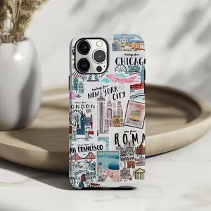 Travel Landmark Collage Phone Case: New York City Stamps iPhone 17 16 15 14 13 12 11 X 8 Pro Max Plus Air MagSafe Google Samsung Galaxy S25
