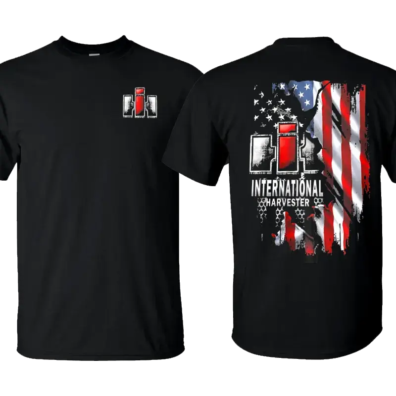 International Harvester American Flag T-Shirt – Vintage IH Logo Patriotic Graphic Tee, Black Cotton Agricultural Machinery Apparel Novelty Gift for Farmers, Mechanics & American Truck Enthusiasts, Menswear Medium Men's