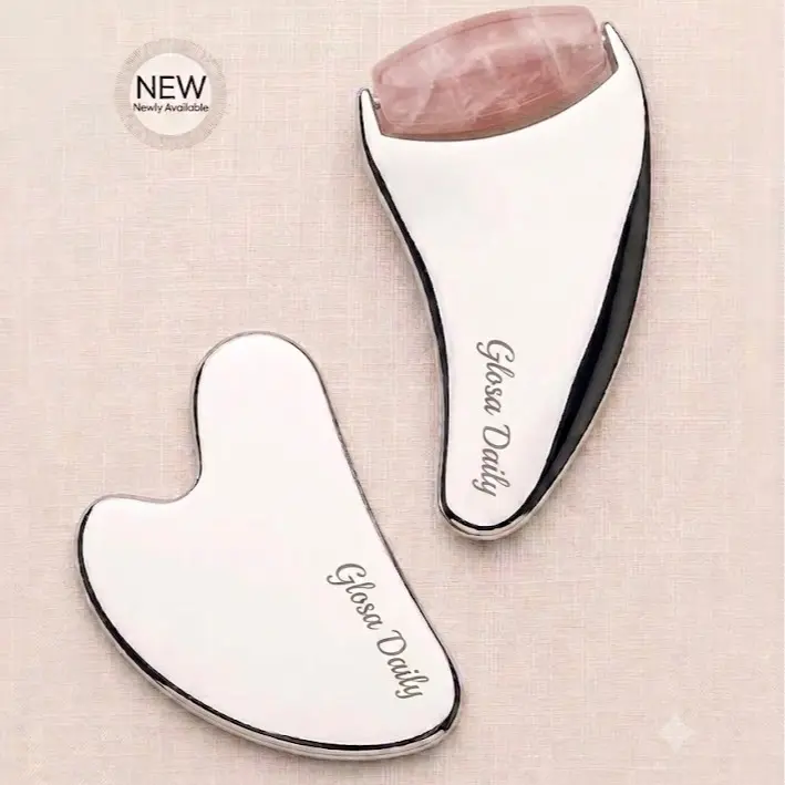 Glosa Daily Rose Quartz Facial Roller & Gua Sha Set | Cooling Massage Tool for a Relaxing Skincare Ritual