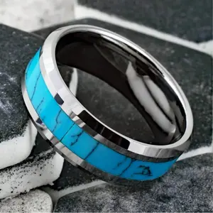 1 Bohemian Wave Design Men's Ring with Turquoise Stone, Comfortable Wedding Ring, Suitable for Holiday, Daily and Year-Round Wear, Fashion Accessories, Durable and Fashionable Jewelry