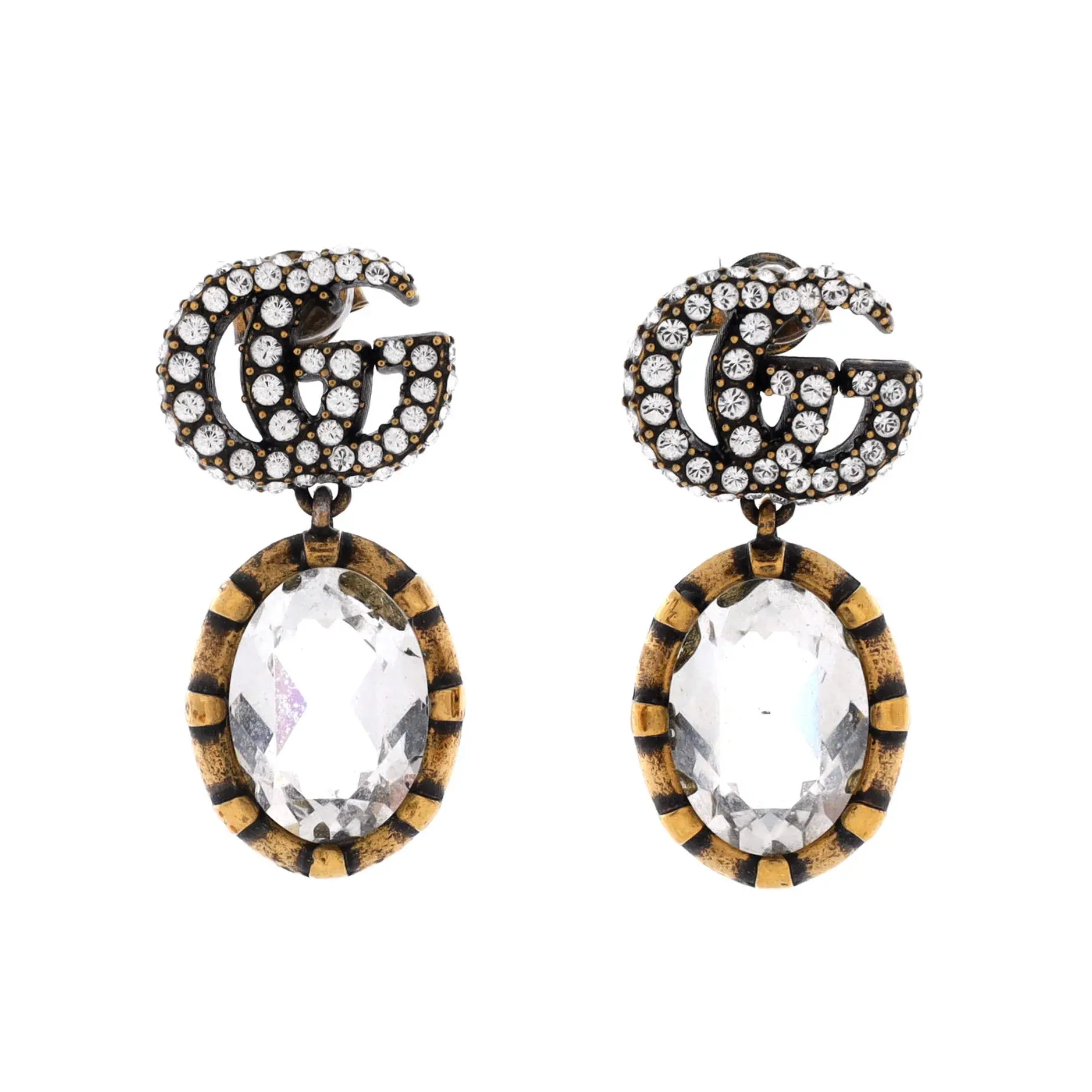 Pre-owned Gucci Double G Round Drop Earrings Metal with Crystals by Rebag