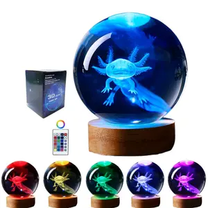 Axolotl Lamp 3.15 Inch 3d K9 Crystal Ball Night Light With Wooden Base 16 Colors Change Remote Control Color Box Birthday Christmas Gift