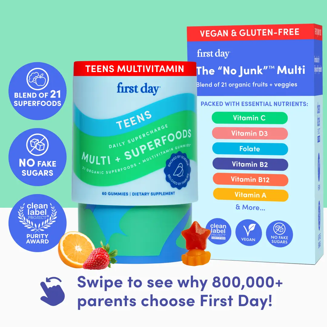 First Day Teens Multivitamin Gummies for Ages 12-17 - Organic Fruit & Veggie Blend + Vitamins A, B1, B2, B6, E, B12, C, D3 & K2, Zinc & Folate Teen Bo