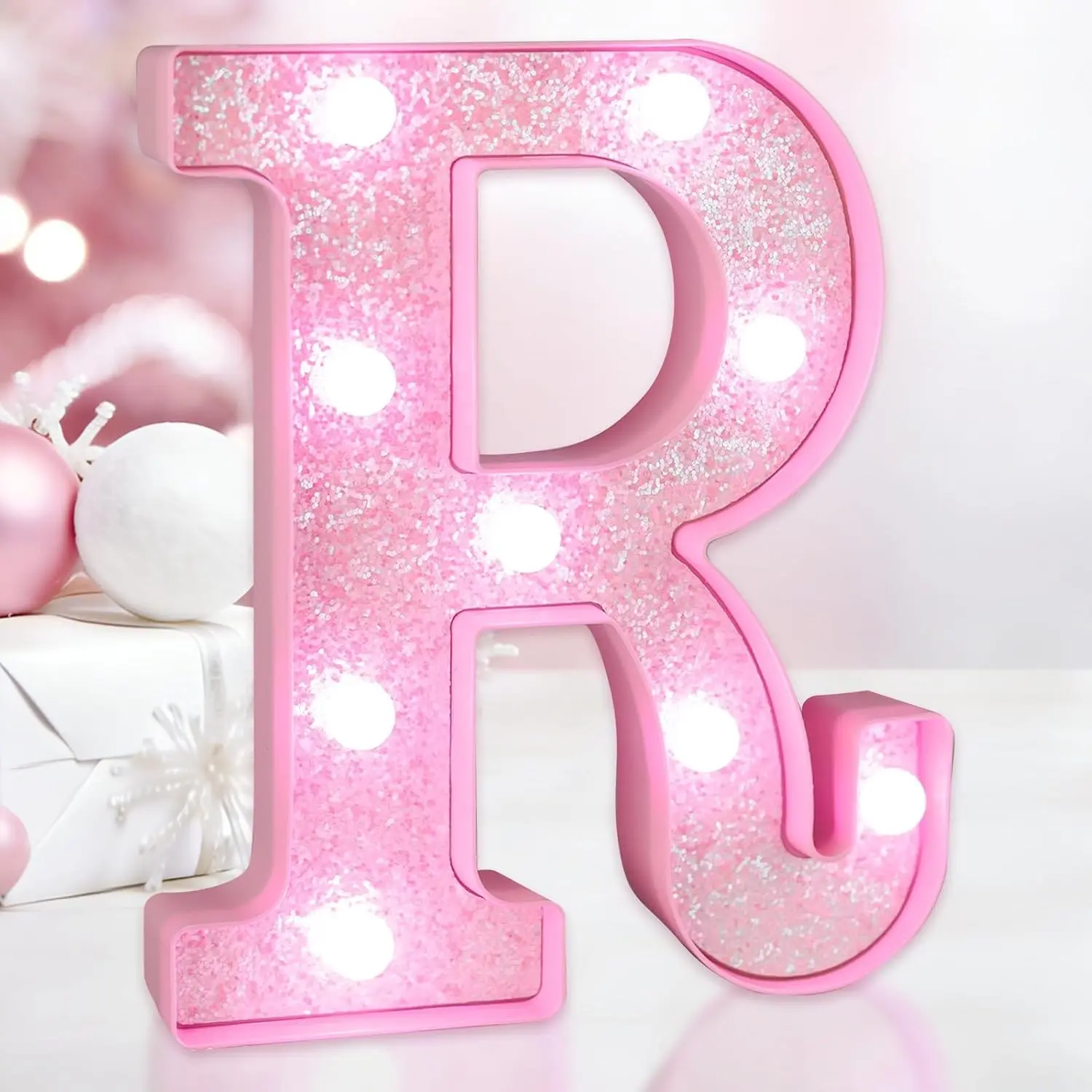 Pink Glitter LED Light Up Letter R, Cold White Light Marquee Letter | Alphabet Lights for Girls Room, Birthday Party, Christmas, Wedding, Home Decor; Table & Wall Decoration; Battery Powered